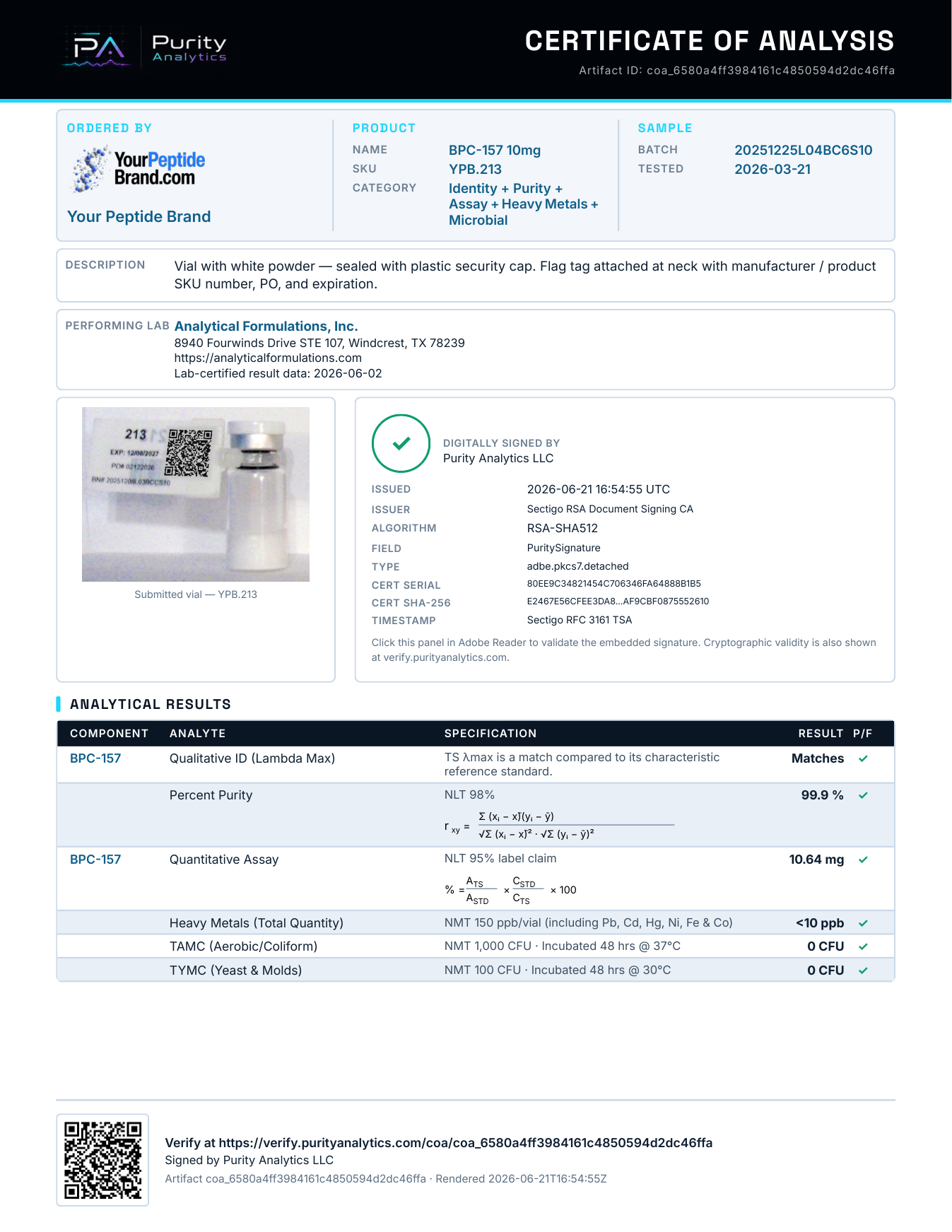 BPC-157 10mg Certificate of Analysis, 99.9% purity, third-party tested by Purity Analytics — batch YPB.213