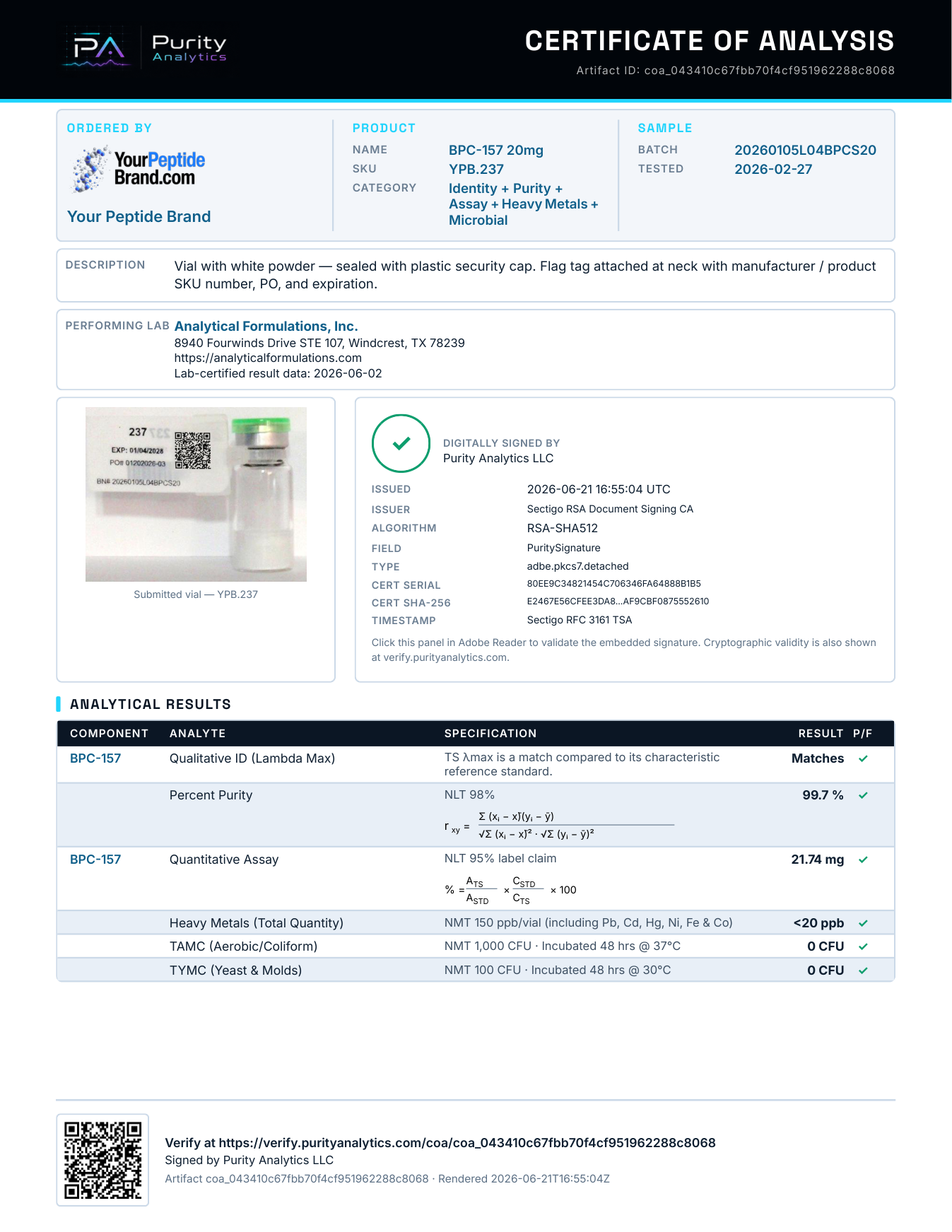 BPC-157 20mg Certificate of Analysis, 99.7% purity, third-party tested by Purity Analytics — batch YPB.237